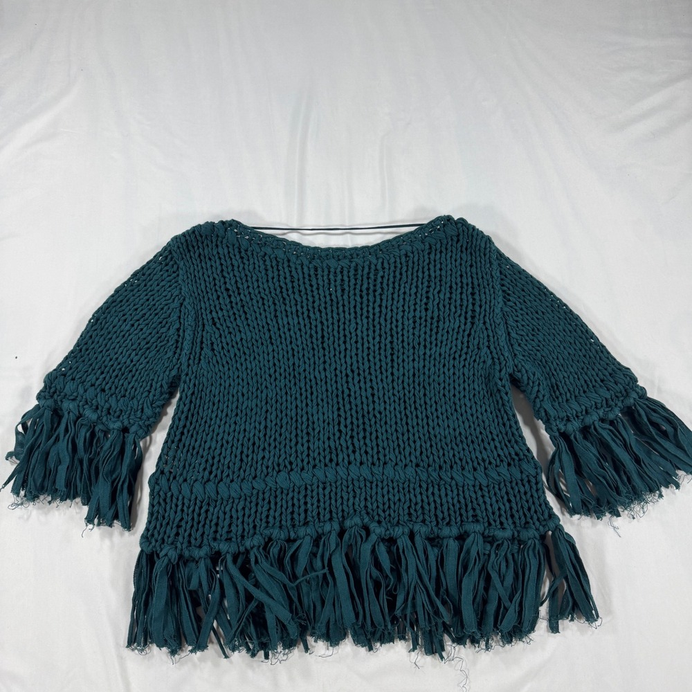 Free People On the Fringe Teal Chunky Cotton Knit Fringe Sweater Boho XS - Picture 8 of 8